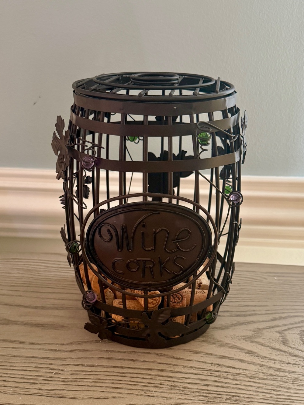 Dark Bronze Wine Cork Holder Barrel Style w/ Vine Detail – Metal Decor